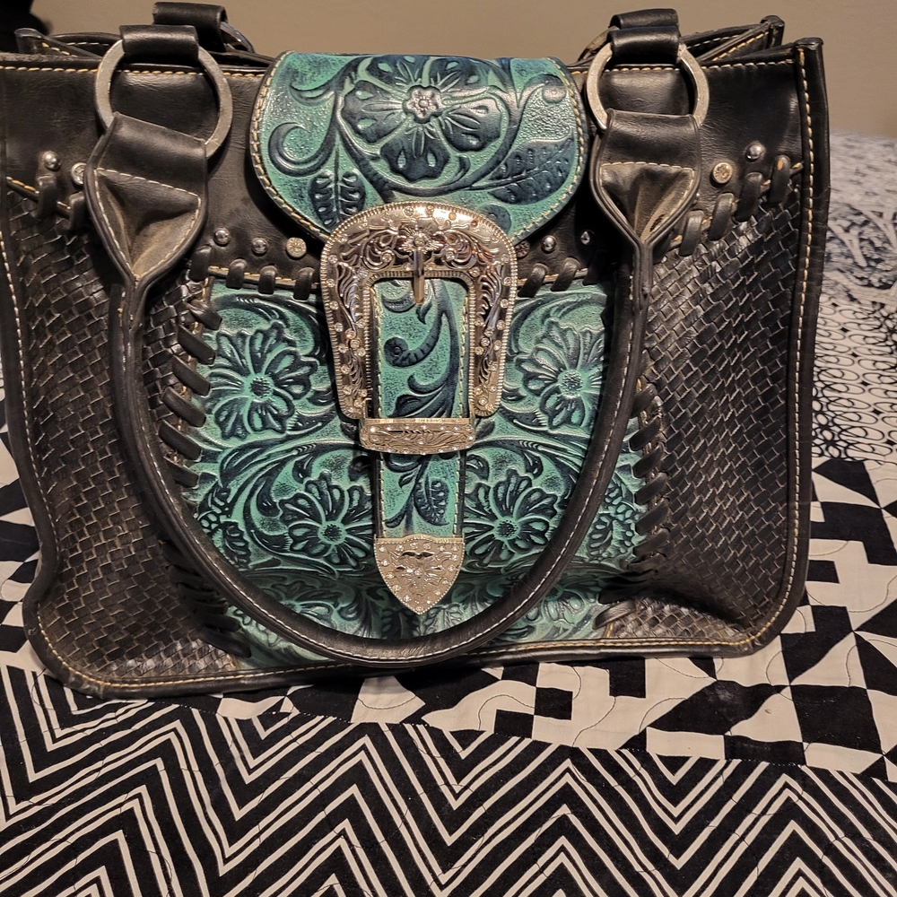 Stylish Black and Green Embossed Women's Satchel